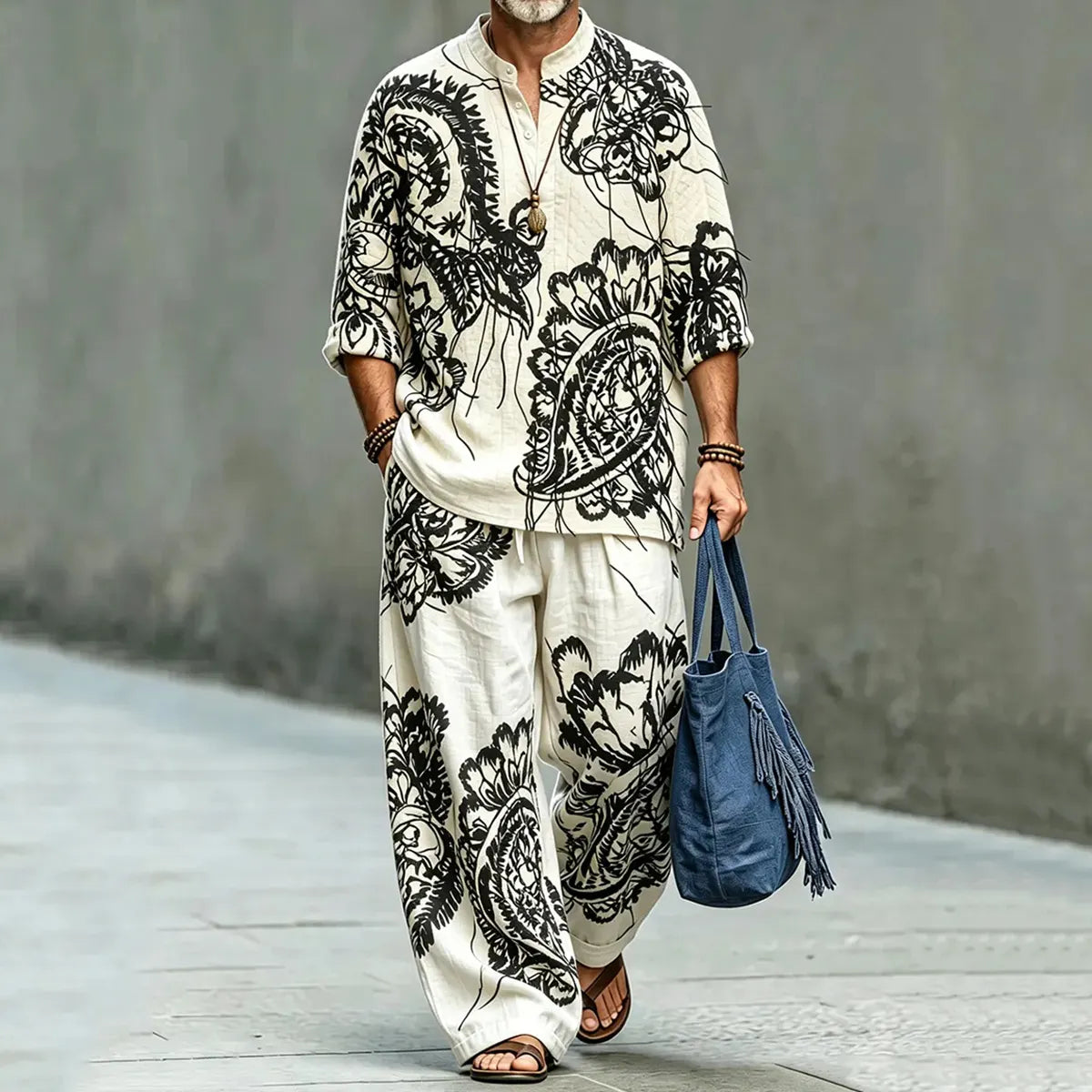 Men's Vintage Japanese Abstract Floral Art Print Shirt And Pants Two Piece Set
