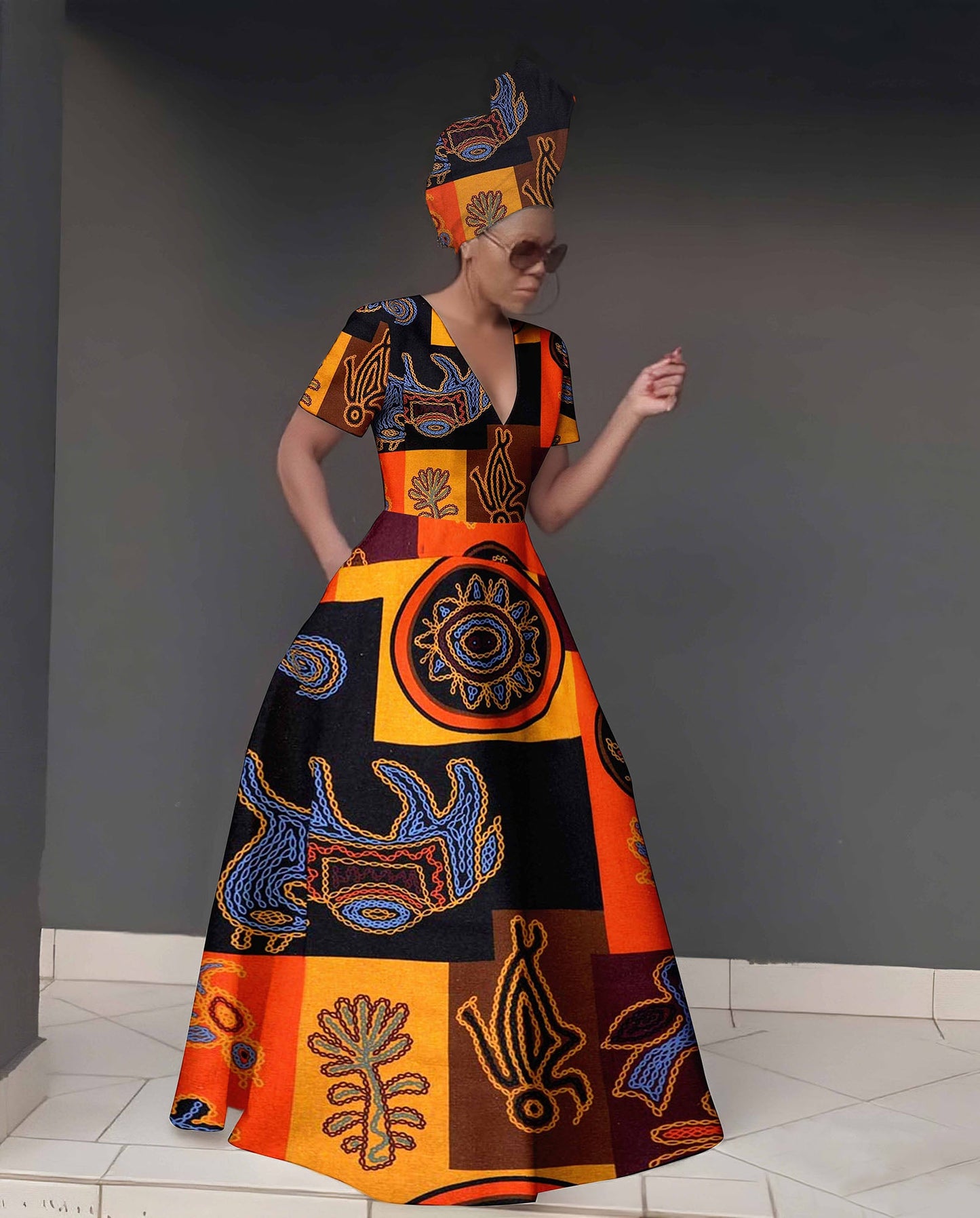 V Neck Geometric African Colorblock Print Short Sleeve Maxi Dress