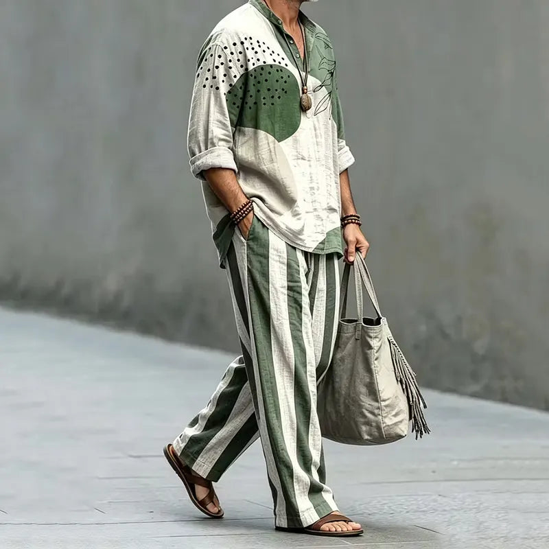 Men's Vintage Japanese Art Shirt And Pants Two Piece Set