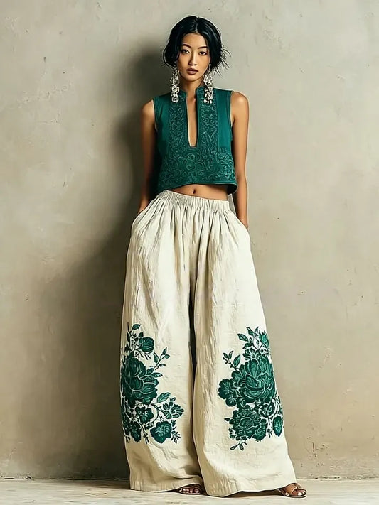 Women's Spring/Summer Cotton Linen Casual Vacation Two-Piece Set.