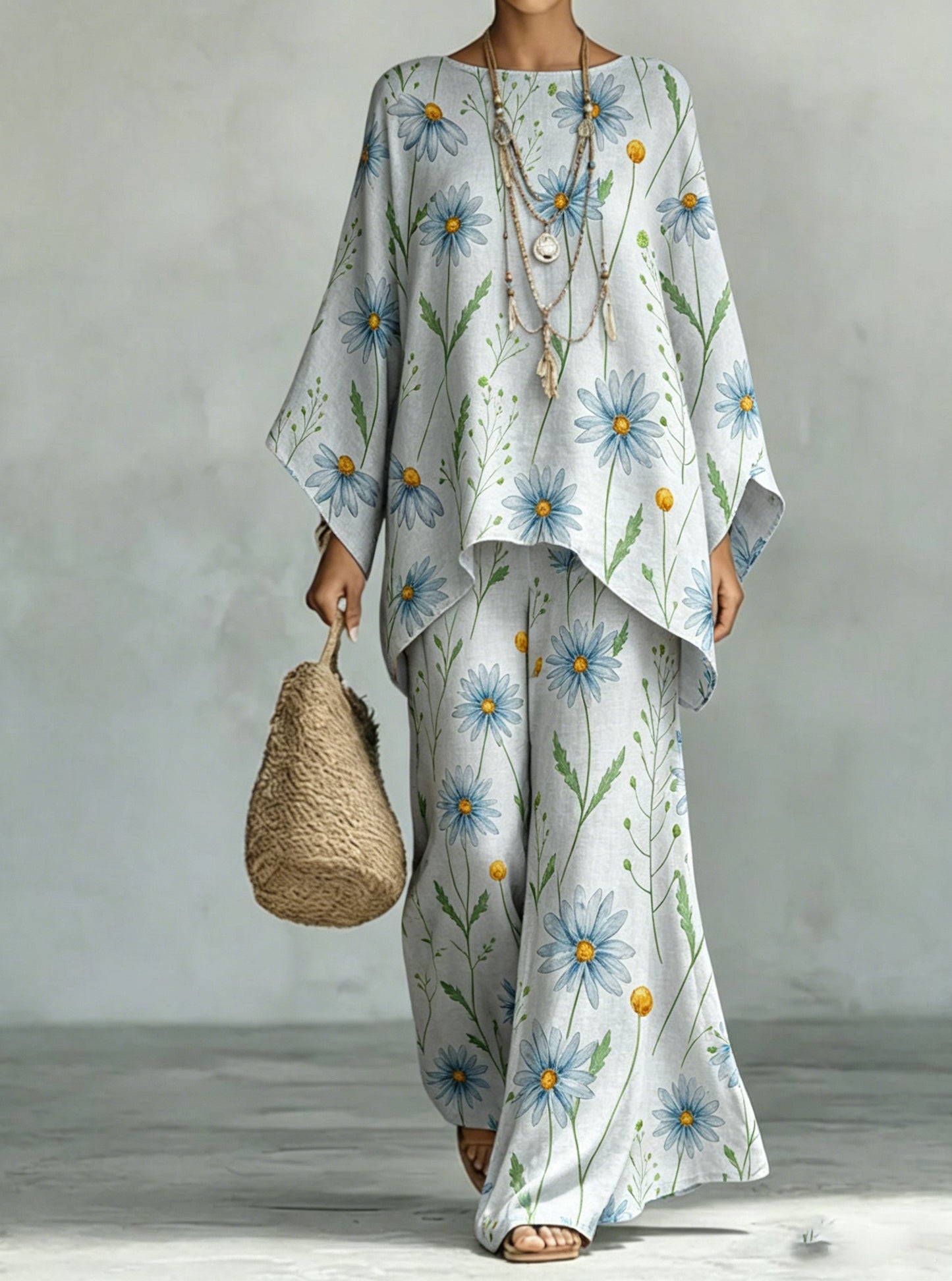 Women's Comfortable and loose print pattern cotton and linen wide-leg pants two-piece set