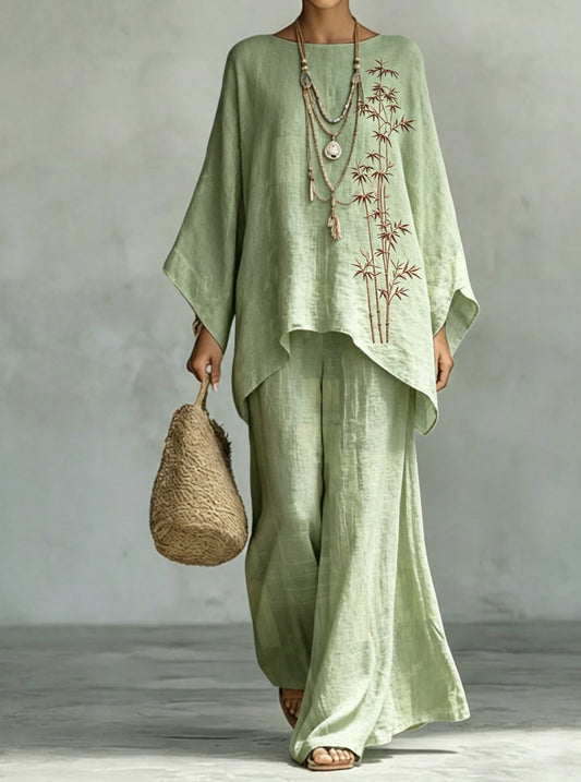 Women's Comfortable and loose print pattern cotton and linen wide-leg pants two-piece set