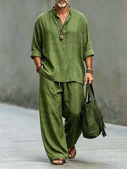 Men's Vintage Geometric Art Print Shirt And Pants Two Piece Set