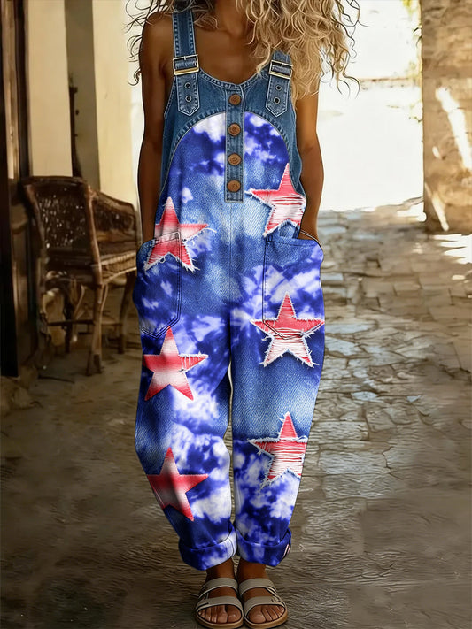 Women's Boho Color Art Print Washed Cotton Denim Patchwork Jumpsuit