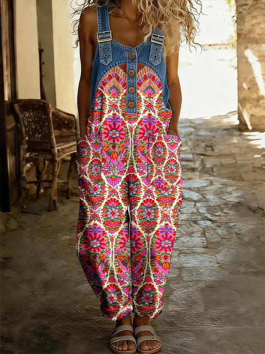 Women's Boho Color Art Print Washed Cotton Denim Patchwork Jumpsuit
