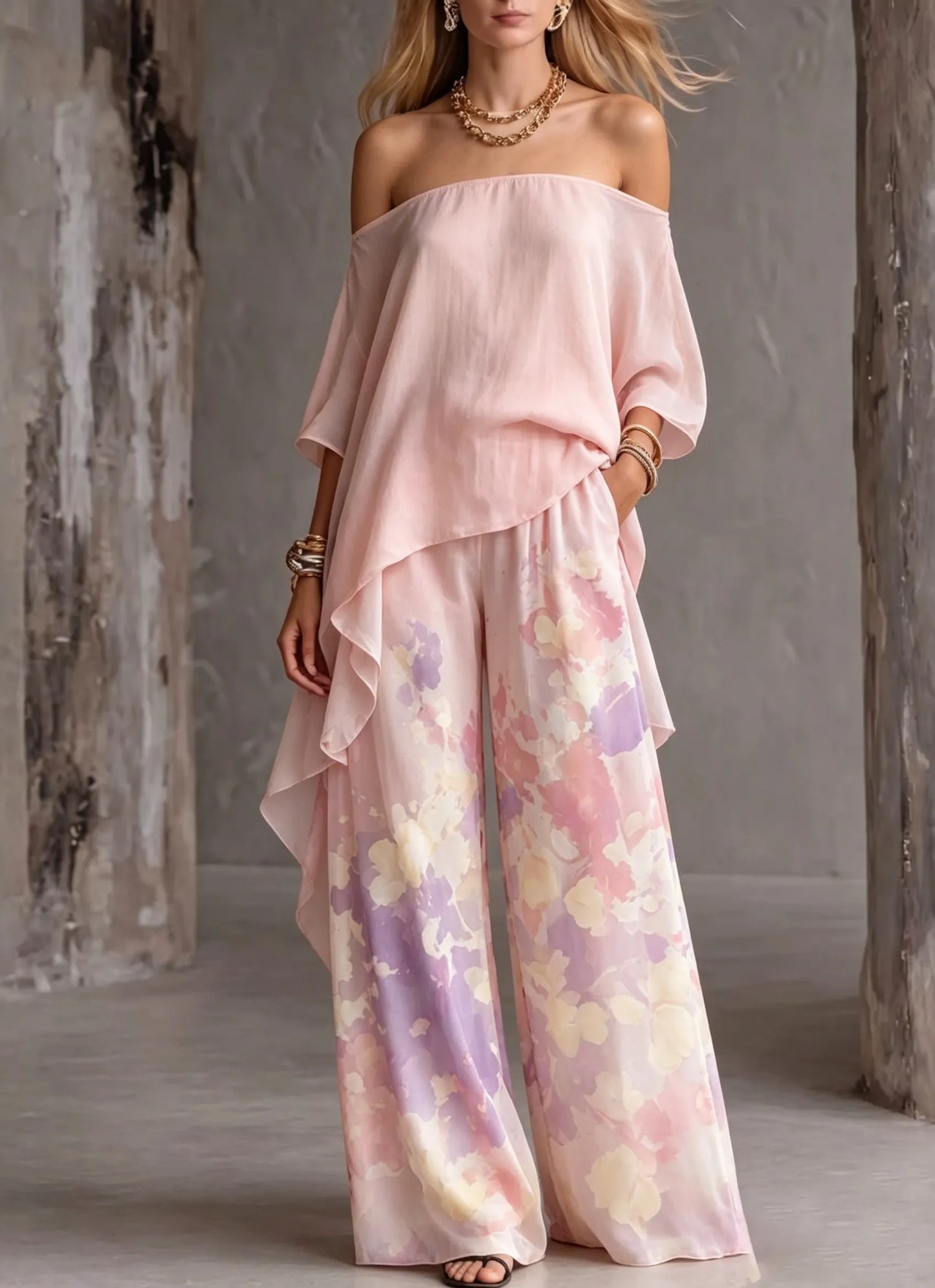 Women's Shoulder Top Abstract Printed Cotton and Linen Wide Pants Two-piece Set