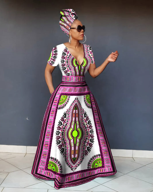 V Neck Classic African Prints Short Sleeve Maxi Dress
