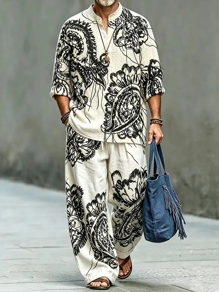 Men's Vintage Japanese Abstract Floral Art Print Shirt And Pants Two Piece Set