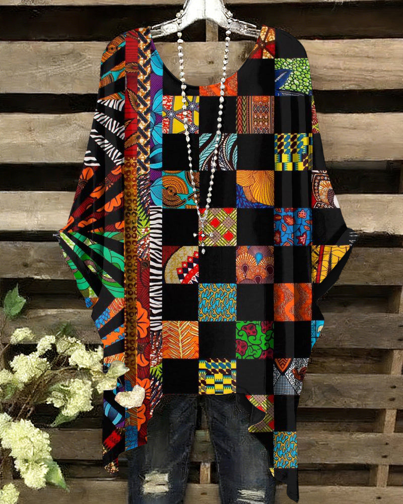 African Pattern Collage Print Round Neck Irregular Shirt