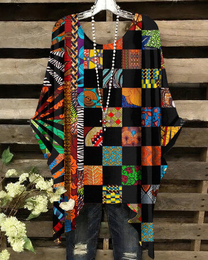 African Pattern Collage Print Round Neck Irregular Shirt
