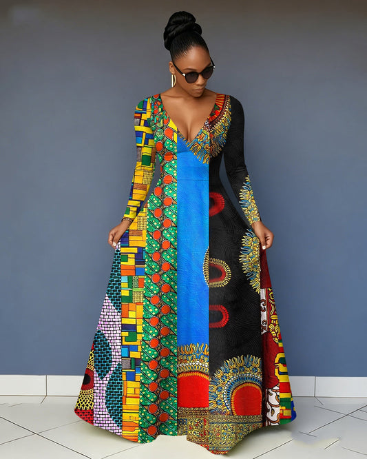 V-Neck Ankara Patchwork Print Pocket Long-Sleeved Maxi Dress