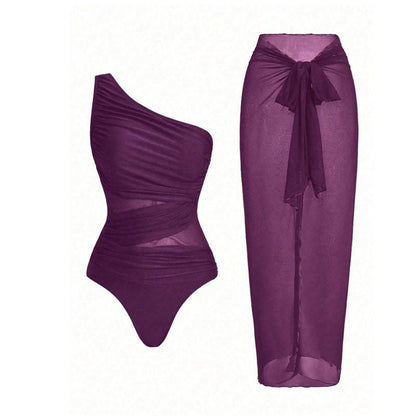 One-shoulder cut-out one-piece swimsuit and mesh cover-up skirt set