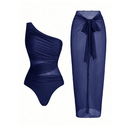 One-shoulder cut-out one-piece swimsuit and mesh cover-up skirt set