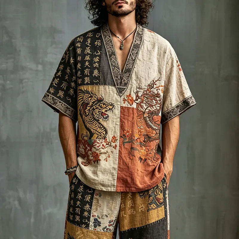 Men's Dragon Letter Color Block Print Cotton Linen V-neck Short-sleeve Shorts Two-piece Set