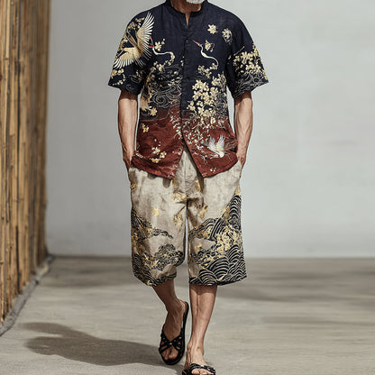 Men's Japanese-style Patterned Color-blocked Two-piece Set