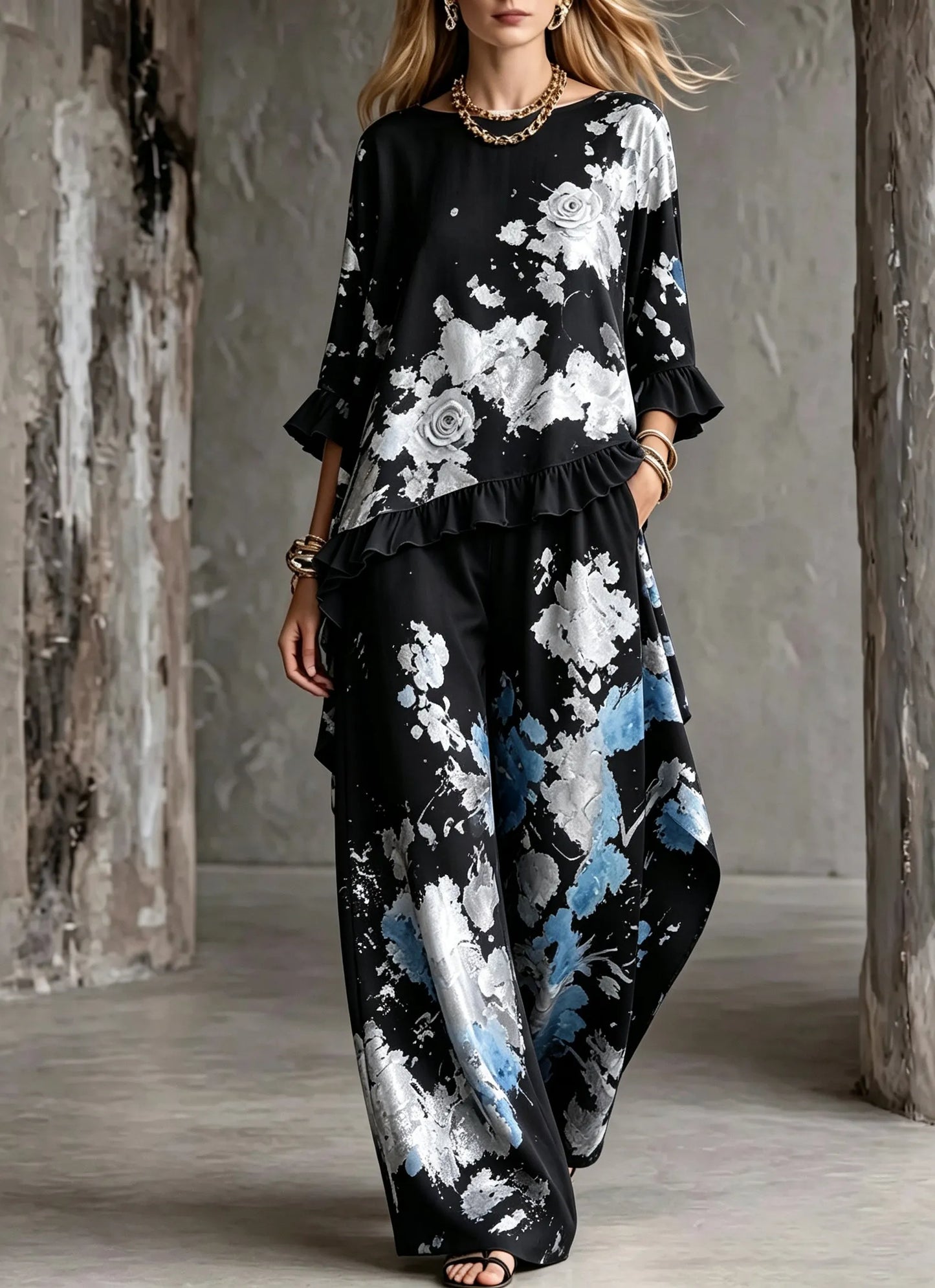 Women's Cotton Linen 3/4 Sleeve Lotus Hem Wide Leg Pants Two-Piece Set