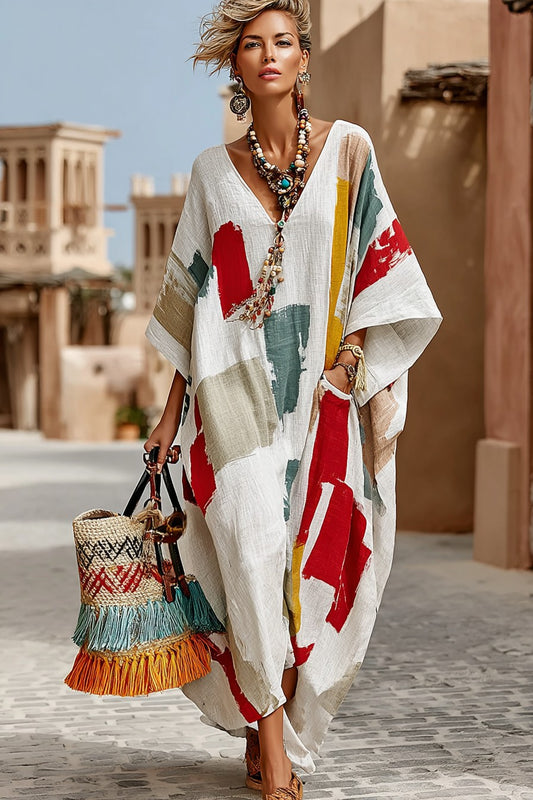 Vintage Print Long Sleeve Kaftan Dress