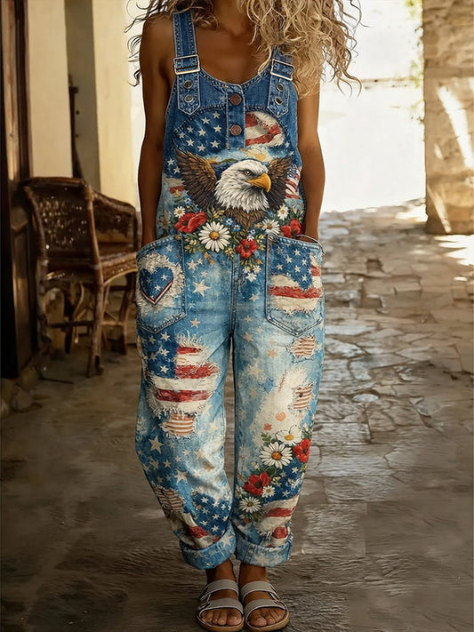 Women's Retro Style Print Washed Cotton Denim Patchwork Jumpsuit