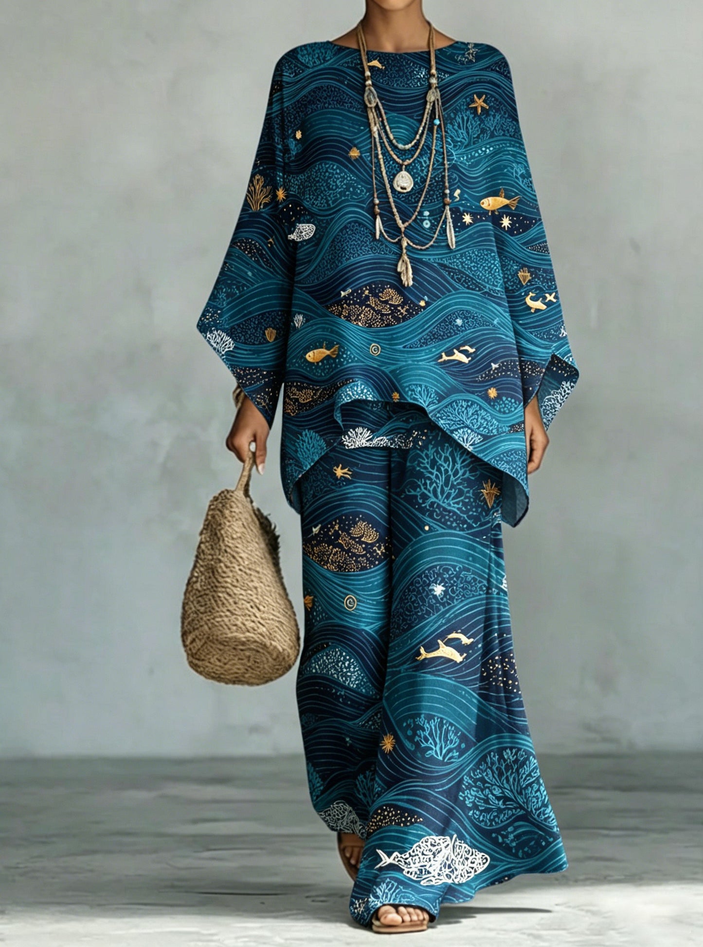 Women's Comfortable and loose print pattern cotton and linen wide-leg pants two-piece set