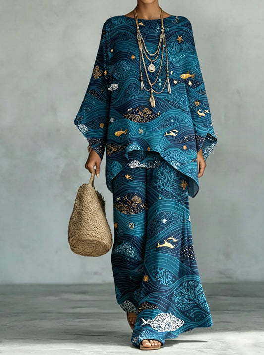 Women's Comfortable and loose print pattern cotton and linen wide-leg pants two-piece set