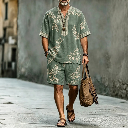 Men's Vintage Japanese Floral Art Print Short Sleeve Shirt And Shorts Two Piece Set