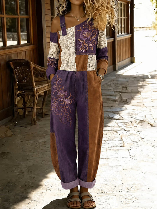 Women's Retro Style Art Print Washed Cotton Denim Patchwork Jumpsuit