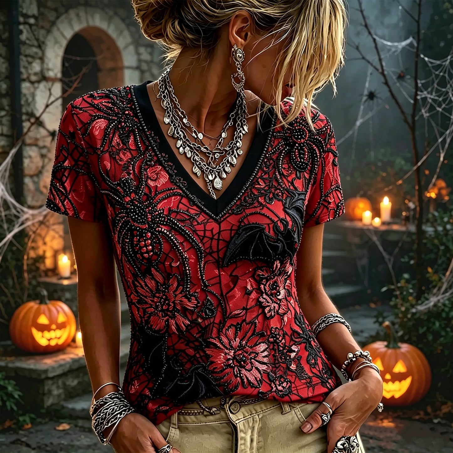 Women's Halloween Gothic Red Spider Bat Floral Rhinestone 3d Embroidery Distressed Top