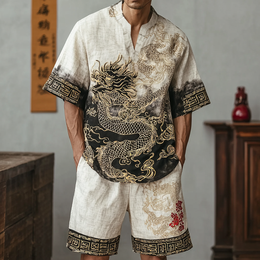 Men's Retro Dragon Design Loose Fit Suit