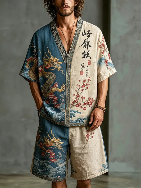 Men's Japanese Art Dragon Floral Color Block Design Cotton Linen Short-sleeve And Shorts Two-piece Set