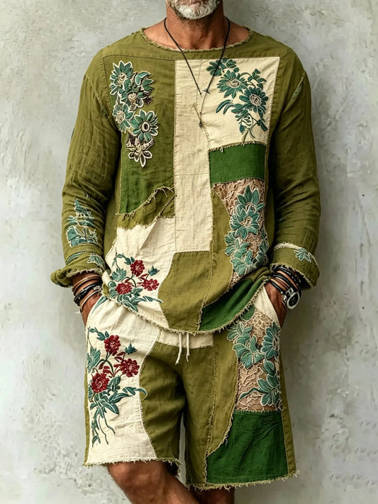 Men's Vintage Floral Patchwork Art T-shirt And Shorts Two Piece Set