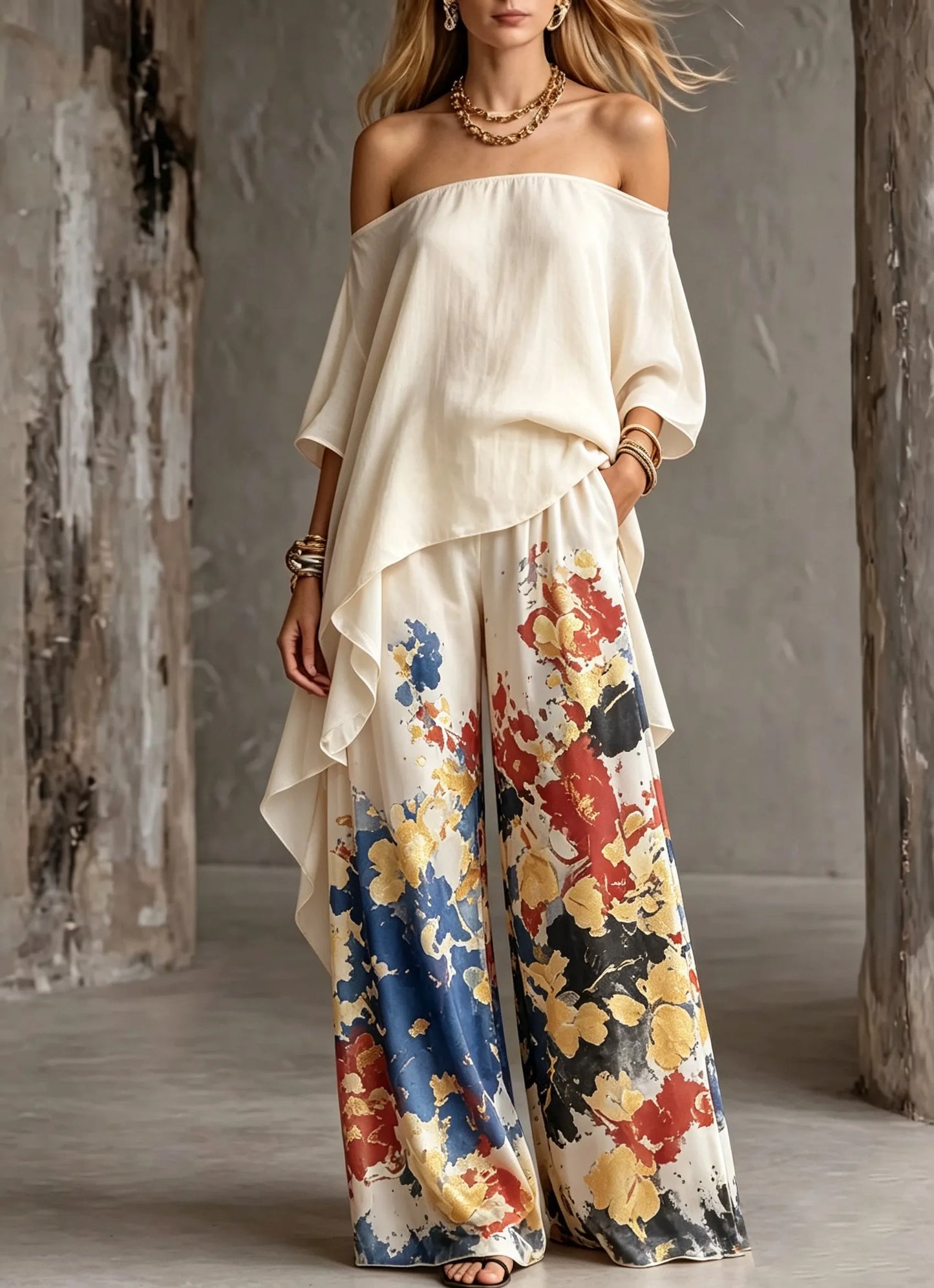 Women's Shoulder Top Abstract Printed Cotton and Linen Wide Pants Two-piece Set