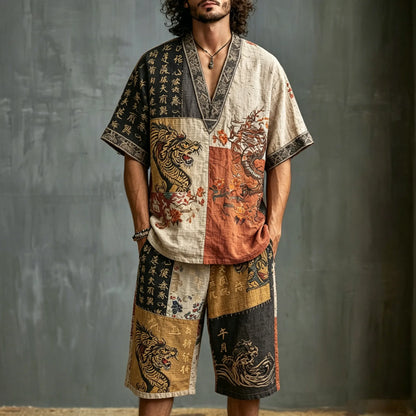Men's Dragon Letter Color Block Print Cotton Linen V-neck Short-sleeve Shorts Two-piece Set