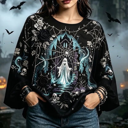 Women's Black Long-sleeved Blouse Decorated With Gothic Ghost, Castle, Spider Web And Rose Patterns.