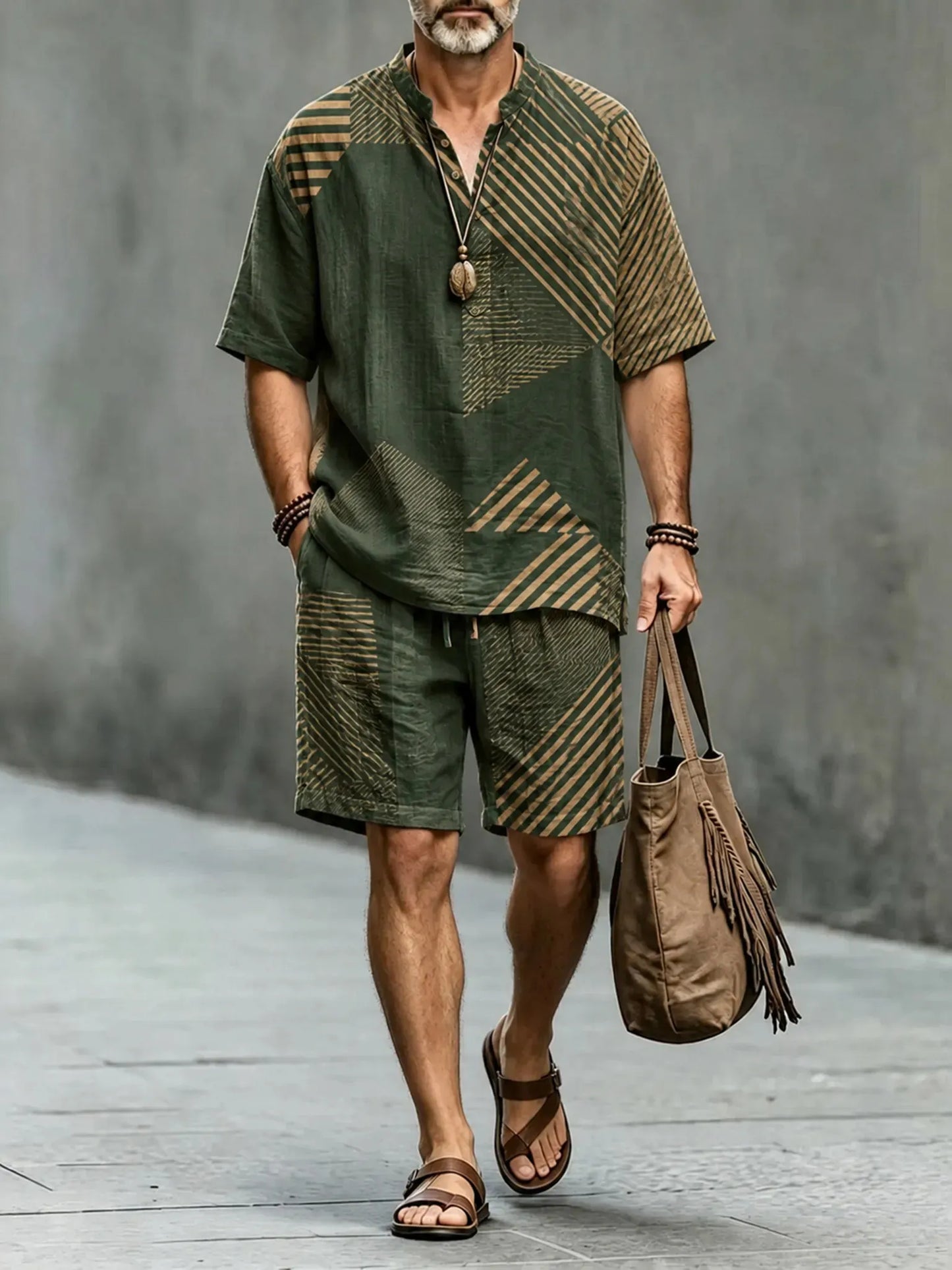 Men's Retro Geometric Art Print Short Sleeve Shirt And Shorts Two Piece Set