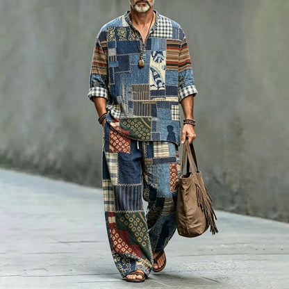 Men's Vintage Japanese Patchwork Art Shirt And Pants Two Piece Set