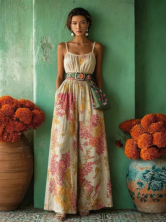 Women's spring/summer cotton and linen casual jumpsuit for vacation.
