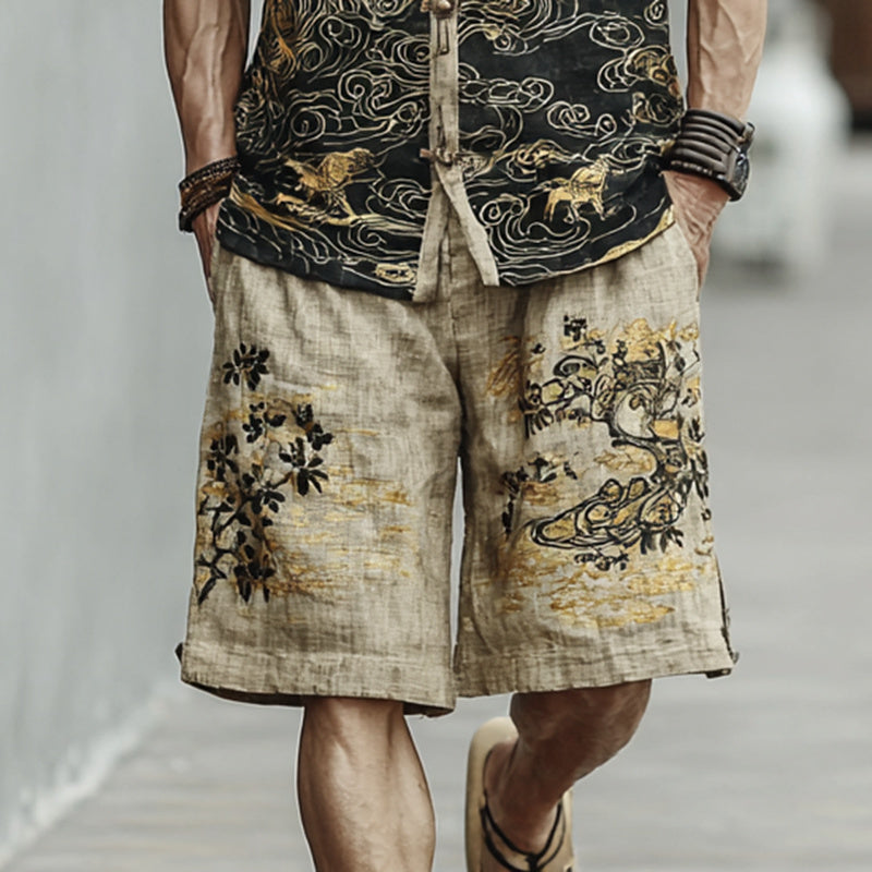 Men's Crane, Plum Blossom, And Cloud Pattern Two-piece Set