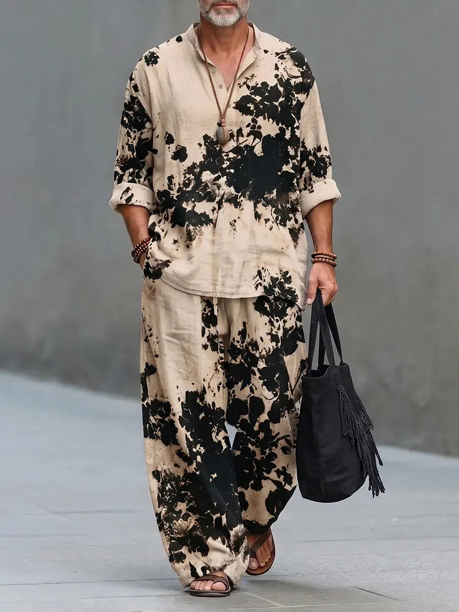 Men's Retro Abstract Floral Art Print Shirt And Pants Two Piece Set