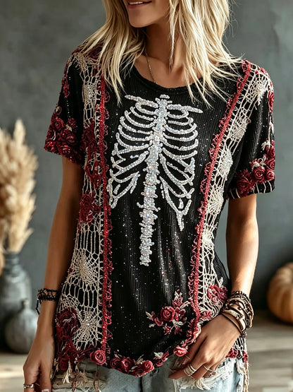 Women's Retro Halloween Bone And Floral Art Embroidery Crew Neck T-shirt