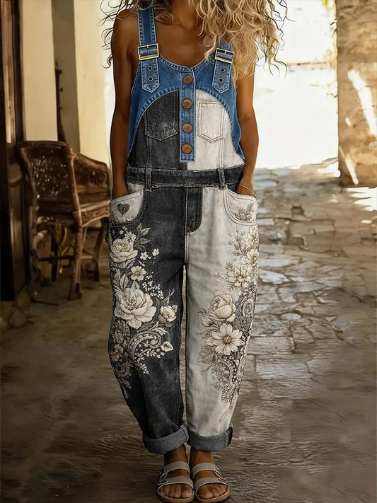 Women's Western Art Print Washed Cotton Denim Patchwork Jumpsuit