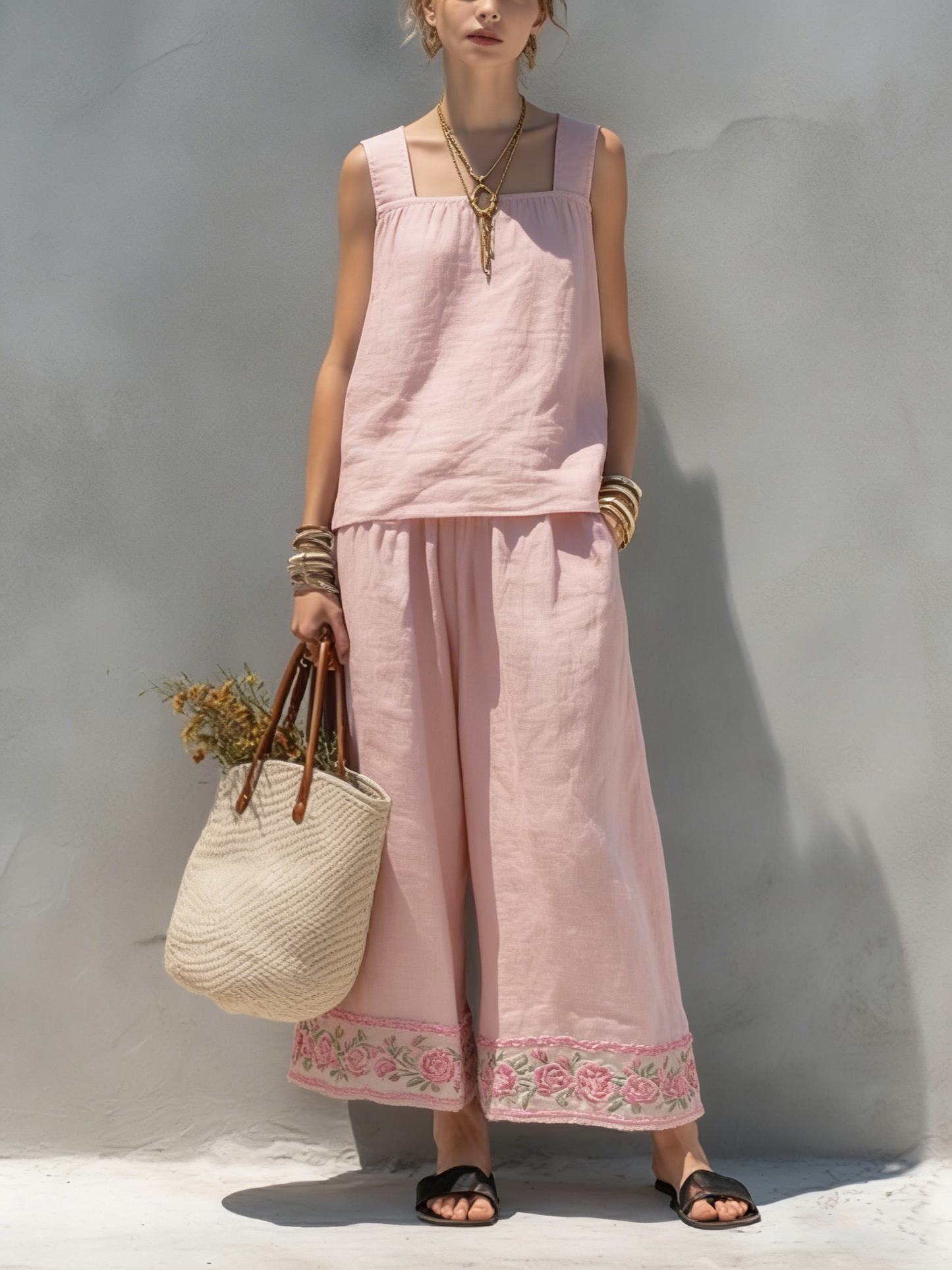 Women's Casual Summer Washed Cotton Top Pants Set
