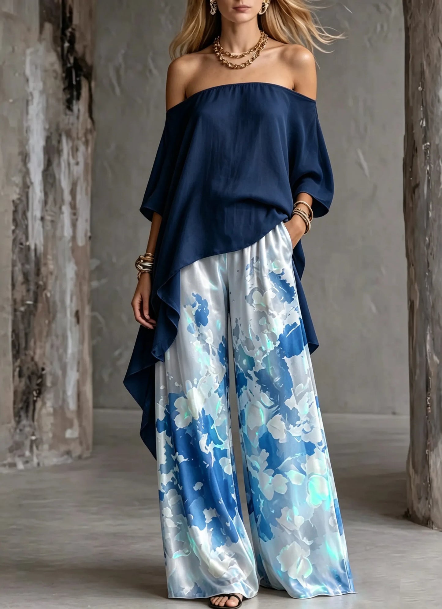Women's Shoulder Top Abstract Printed Cotton and Linen Wide Pants Two-piece Set