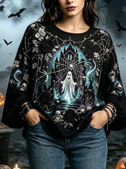 Women's Black Long-sleeved Blouse Decorated With Gothic Ghost, Castle, Spider Web And Rose Patterns.