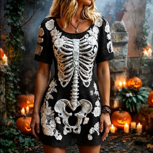 Women's Short-sleeved Mini Dress, Decorated With Halloween Skull And White Rose Patterns.